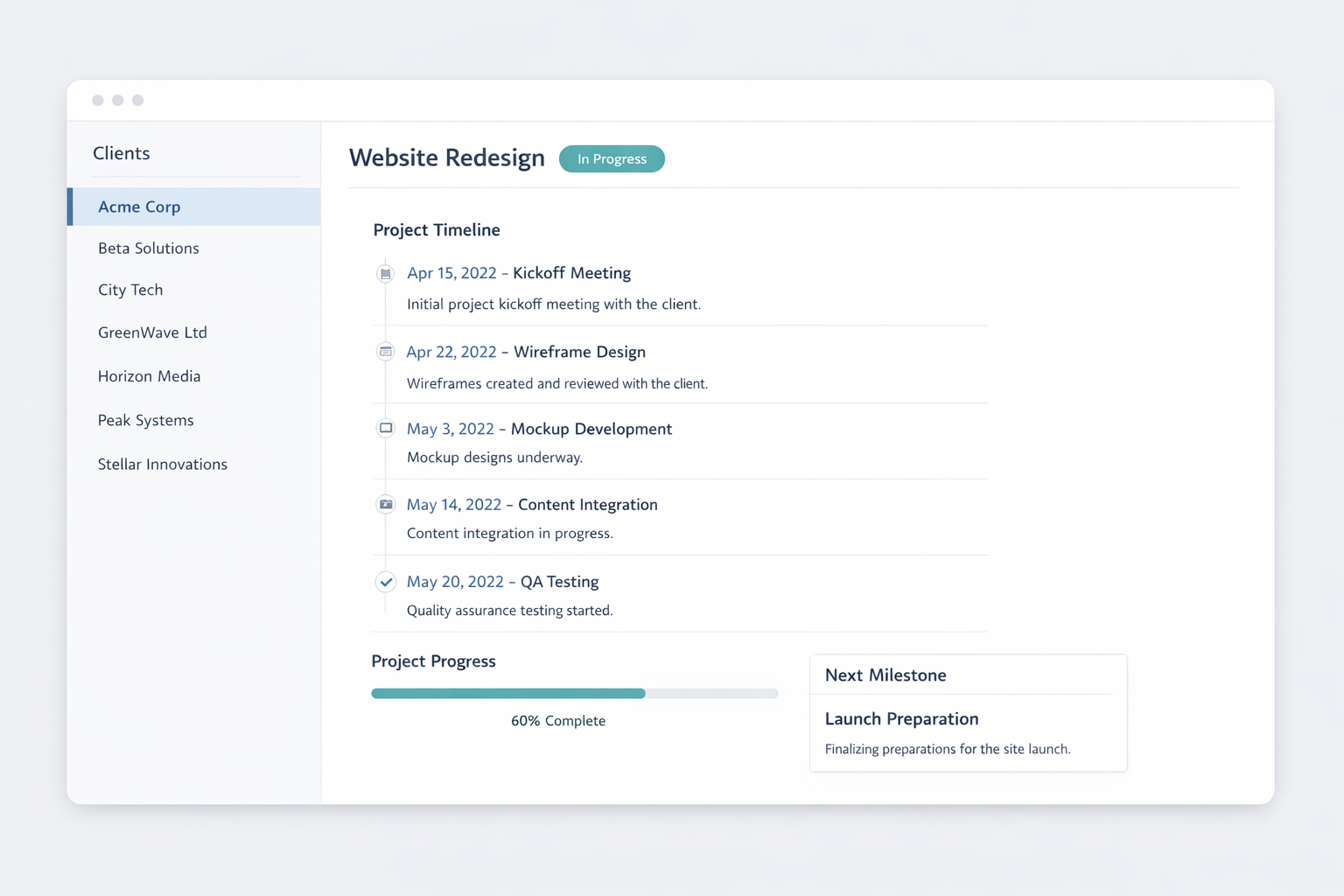KeepPostd client portal dashboard showing project timeline and progress